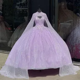 Shiny Lilac Princess Quinceanera Abiti con Cape glitter Crystals Crystals Ball Ball 15 ° compleanno Capo da festa di fine anno Vestidos 322