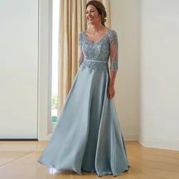 2024 Elegant Sky Blue Mother Of The Bride Dress 3/4 Sleeves V-neck Beads Appliques Lace A-line Women Wedding Guest Party Gowns Custom Made