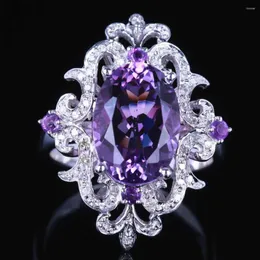 Cluster Ringe HELON 925 Sterling Silber Oval 4,54 ct Echter natürlicher Amethyst Diamanten Ring Verlobungsring Frauen Spezielle Blumen Feiner Schmuck