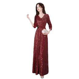 Nya aftonklänningar V-ringning A-linjen golvlängd dragkedja bakre paljetter burgundy enkel kvinna formell festklänning ru54