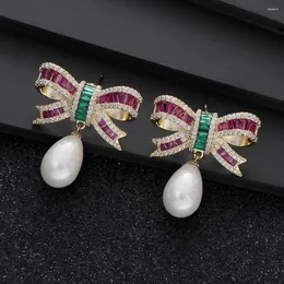 Kolczyki Dangle Trendy Pearl Sweety romantyczna kropla kokardowa dla kobiet elegancka ślub Cubic cyrkon Butterfly E1073