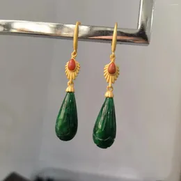 Brincos pendurados 1 unidade / lote Natural Esmeralda Ganchos de Orelha Miss S925 Prata Esterlina Onyx Verde Escuro Bud Gota Pingente Trajes Personalizados Taki