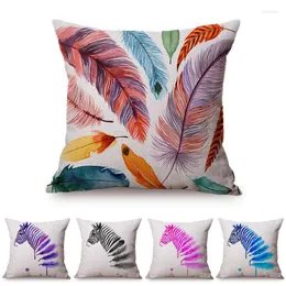 Pillow Watercolor Decoration Sofa Throw Case Pink Violet Feather Design Zebra Africa Prairie Animal Cotton Linen Cover