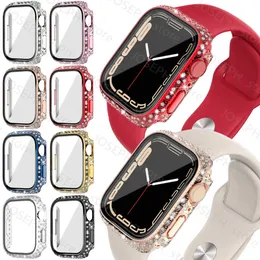 Andra modetillbehör Diamant Apple Watch Fodral Glas+Hölje För Apple Watch Series 7 41mm 45mm iWatch Apple Watch Skärmskydd Skyddsfodral J230413