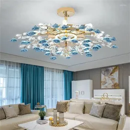 Chandeliers Ceramics Pink Flowers LED Chandelier Modern Crystal Pendant Lamps Decor Home Living Dining Room Ceiling Lights.