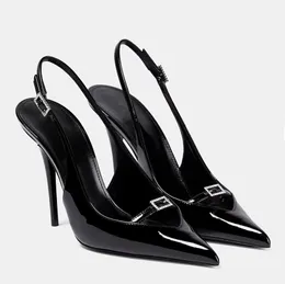 Patent Leather Slingback Point Toe Sandaler Rhinestone Buckle Leather Sole 105mm Stiletto Heel Pumps Women's Luxury Designer Party Wedding Evening Shoes With Box