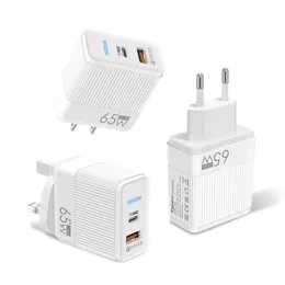 Caricatore da muro per telefono cellulare GaN 65W USB C PD Tipo C per iPad Xiaomi Samsung iPhone 14 Alimentatore per caricabatterie per telefono a 2 porte con scatola