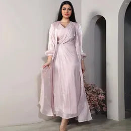 Etnik kıyafet 2 adet ipeksi saten abaya eşleşen yaz Müslüman kıyafeti İslam uzun elbiseleri kadınlar için uzun elbiseler Dubai Akşam Fas Kaftan