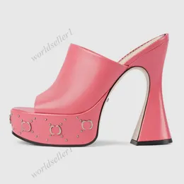 Damen-Plateau-Slide-Sandale, rosa Dermis, Buchstaben, ineinandergreifende Weidennägel, dicker Boden, klobiger Absatz, Hausschuhe, Peep-Toe, modische Luxus-Designer-Damen-High-Heels