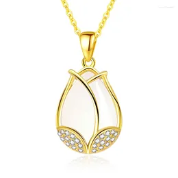 Pendants KOFSAC Romantic Tulip Flower Necklace For Women Sweet 925 Sterling Silver Jewelry Crystal White Water Droplets Pendant Lady Gift