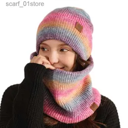 Hüte Schal Sets 2 in 1 Outdoor Warm Tie-e Strick Schal Hut Set Europäischen Amerikanischen Winter Frauen Männer Unisex Farbverlauf Fleece Schal Beanie KitL231113