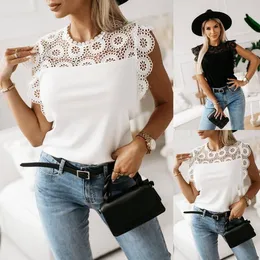 Women's Polos Daily Versatile Women's Shirt 2023 Summer Elegant Lace Sleeveless Solid Color Sexy Hollow Out Casual T-Shirt