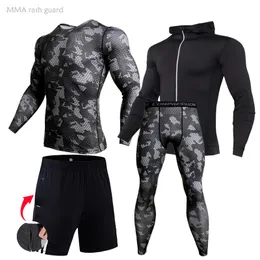 Herrspårsutövningar Träningskläder 4-PC /uppsättning sportkläderkomprimering Underkläder Sports Tight Dark Grey Camouflage Tracksuit Sweat Suit Set 230412