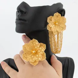 Colar brincos conjunto africano cor de ouro jóias para mulheres design flor borla e anel de dedo casamentos festa noivado