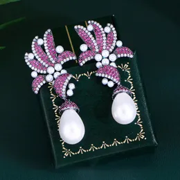Роскошные серьги с искусственным жемчугом, дизайнерские украшения для женщин, фиолетовый, красный цирконий, медь, женские вечерние длинные серьги с бриллиантами на День святого Валентина, висячие женские индийские уникальные серьги
