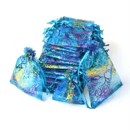 Blue Coralline Organza Drawstring Jewelry Packaging Pouches Party Candy Wedding Favor Gift Bags Design Sheer with Gilding Pattern 223C