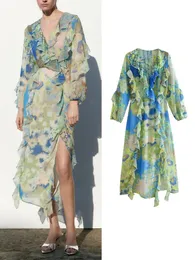 Casual Dresses Spring Women Laminated Decorative Print Dress V Neck Long Sleeve Female Summer Fashion Elegant Midi Dresses 230413