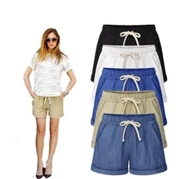 女性のショートパンツ夏の大型サイズショーツキャンディーカラーレースアップエラスティックウエストポケットパンツ付き快適な薄い短い女性ショーツM-6XL 230413