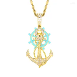 Pendant Necklaces Hip Hop 5A CZ Stone Paved Bling Iced Out Luminous Anchor Rudder Pendants Necklace For Men Rapper Jewelry Drop Gift