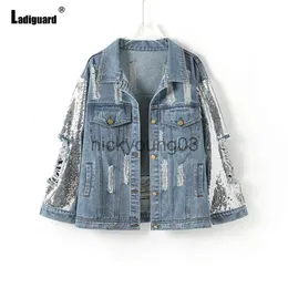 Jaquetas femininas mulheres sexy rasgado denim jaqueta oco out lantejoulas demin jaquetas vaqueros mujer 2021 único breasted top outerwear jean casacos j231113