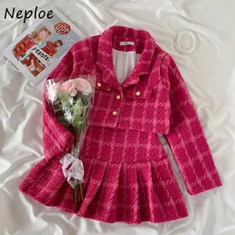 Two Piece Dress Neploe Notched Collar Plaid Skirt Suit Women Super Short Jacket Tops High Waist Aline Pleated Mini Skirts Female Twopiece 230413