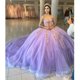 Quinceanera Dresses Princess Purple Illusion Sweetheart Gold Aptliques Ball Gown With Tulle Plus Size Sweet 16 Debutante Party Vestidos de 15 Anos 95