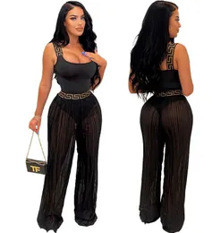 B666 sexy bodycon Women's Two Piece Pants Sleeveless vest tee Wide leg pants Women's Clothing