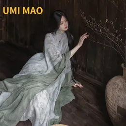 Sukienki swobodne UMI Mao domowe ubranie damskie fajne chińskie styl cheongsam rękawy luźne i eleganckie zimne zielone literackie sukienkę szaty 230413