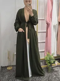 Etniska kläder Eid Open Abaya Women Summer Crinkle Fabric Belted Cardigan Muslim Kimono Hijab Long Dress Islam Dubai Turkiet Modest Abayas
