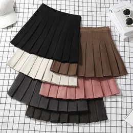 Kjolar brun tweed veckad kjol kvinnors höst vinter hög midja a-linje bantning kjol förtjockad vår plus size short pantskirt 230413