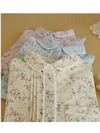 Blusas femininas rústicas flores estampadas dobras plissadas ponto de renda blusa de manga comprida