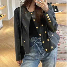 Women's Leather Genuine Coat Autumn/Winter Fashion Versatile Style Metal Button Short Crop Tanned Sheepskin Top