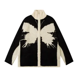 Stickad cardigan tröja y2k harajuku fjäril färgblockerad zip upp hög krage stickad överdimensionerad