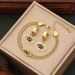 Hip Hop 18k Cuban Chain Bracelets Necklaces Earrings Set Dubai Gold Turkey Black Devil Eyes Earring Stainless Steel Jewelry Sets