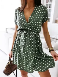 Casual Dresses Womens Summer Fashion Mini Dress Short Sleeve V-Neck Ladies Polka Dot Dreeses Split Vestidos For Femela Boho Beach Holiday Dress230413