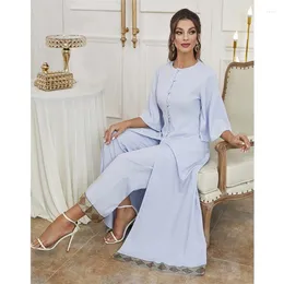 エスニック服2023 Eid Mubarak Musulmanアンサンマン女性Kaftan Abaya Tops Pants 2 PCS Set Dress Islamic Outfits Suit