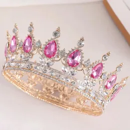 مقاطع الشعر Diezi Baroque Water Drop Pink Crystal Tiara Crown for Women Princess Wedding Birthday Party Gress Associory Jewelry