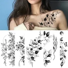 Tatueringsböcker stor storlek svart blomma mönster falsk klistermärke för kvinnor dot ros pion tillfälliga tatueringar diy vatten överföring flickor 231113