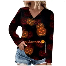 Damen-T-Shirts, Blusen, Halloween-Druck, Kleidung, modisch, plissiert, mit Kreuzausschnitt, T-Shirts, Knopfkragen, Pullover für Frauen, Ropa De Mujer