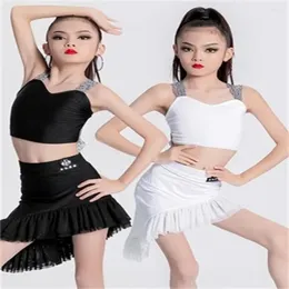 무대웨어 스타일 소녀 라틴 댄스 공연 드레스 멜빵 경사 스커트 흰색 경쟁 의류
