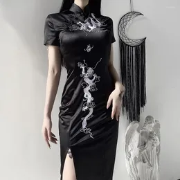 Casual Dresses Women Black Long Dress Evening Nigh Elegant Vintage Chinese Cheongsam Embroidery Female Gothic Party Bodycon