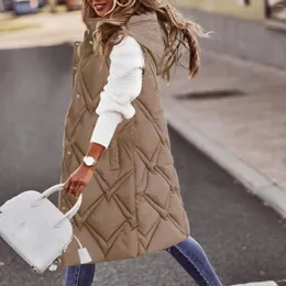 Coletes femininos inverno longo casaco colete com capuz blusão sem mangas bolsos quentes acolchoado jaqueta ao ar livre para mulher