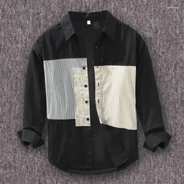 Męskie koszulki pobytu męskie męskie bawełniane japońskie paski patchwork z długim rękawem moda lapowa koszula 2023 w designerskich ubraniach