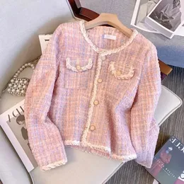 Women's Wool Blends Women Pink Plaid Tweed Coat Jacket Women's Outwear Tops Spring Autumn Elegant Long Sleeve Single Breasted Overcoat Female 231102