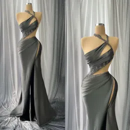 Elegant Mermaid Prom Dresses Halter Cutaway Sides Shining Applicants High Side Split Zipper Floor Length Custom Made Party Dress Plus Size Vestido De Noite