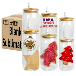 USA: s lager Frosted Clear 16oz Glass Tumblers Diy Blank SubliMation kan formade ölglaskoppar med bambu lock och halm för cffe -soda ny
