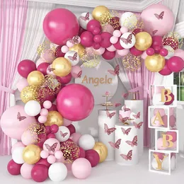 Party Decoration Pink Balloon Garland Arch Kit Butterfly Stickers Pink Gold Latex Balloons For Birthday Wedding Party Baby Shower Decorations 230413
