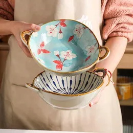 Schalen Japanische Blumenschale Salat verdickte Keramik Nudel Ramen Verbrühungsschutz Binaural Große Suppe Vintage Geschirr 7,5 Zoll