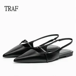 Dress Shoes TRAF Woman Pointed Leather Flats Shoes Black Casual Slingbacks Shallow Mouth Single Shoes Women Ballet shoes Sandals 230413