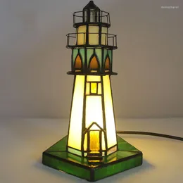 Bordslampor Tiffany Stained Glass Lamp Lighthouse Desk Vintage Night Light For Bedroom Living Room Decoration Home Decor